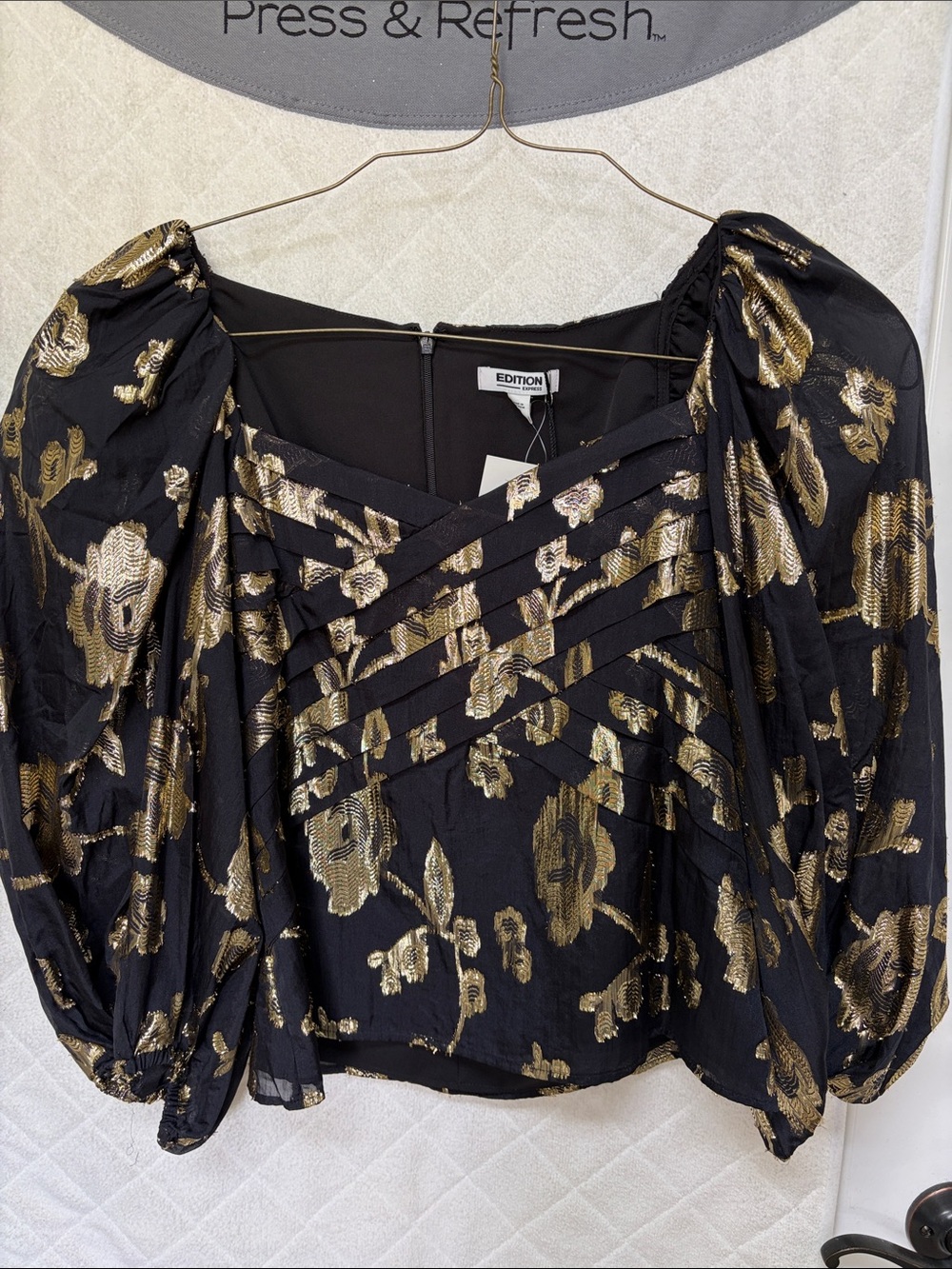 Express Black and Gold Floral Puff-Sleeve Blouse
